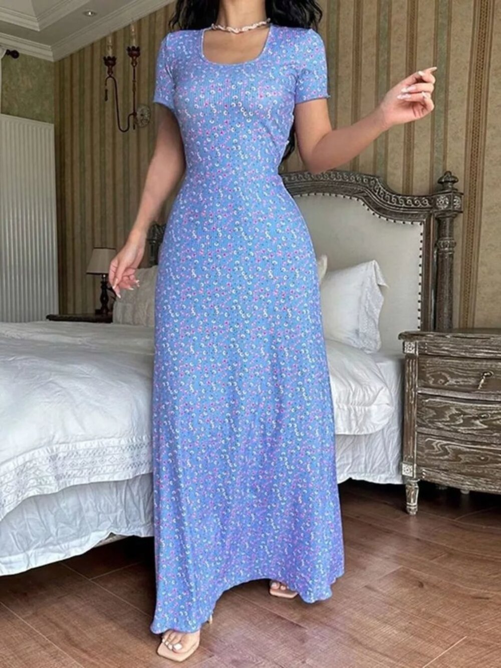 Floral Print Short Sleeve Maxi Dress